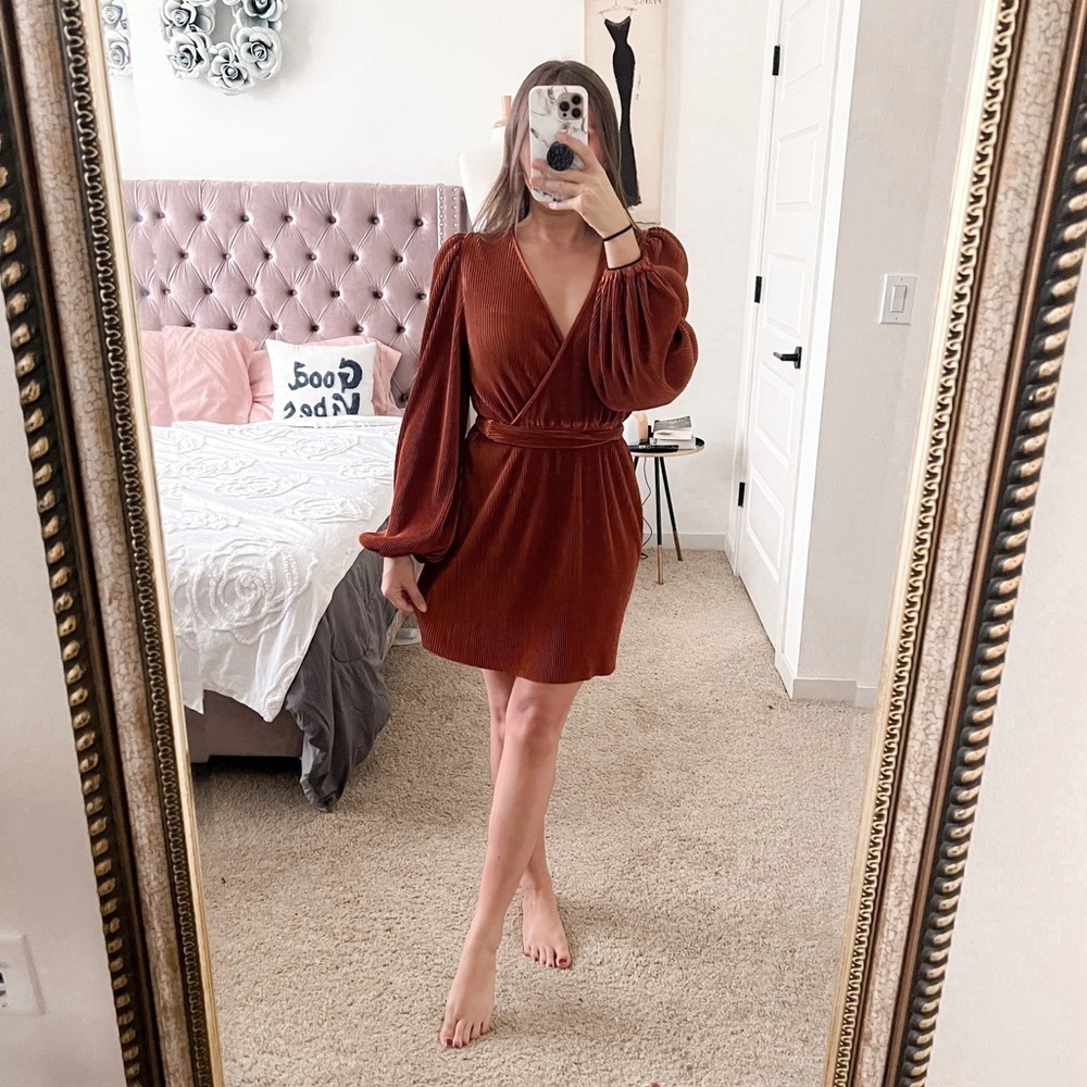 The Fifth Label Copper Surplice Neckline Mini Dress Ribbed Tie Waist Cocktail